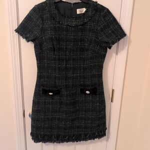 Eliza J Tweed Asymmetrical Dress in Black and Green